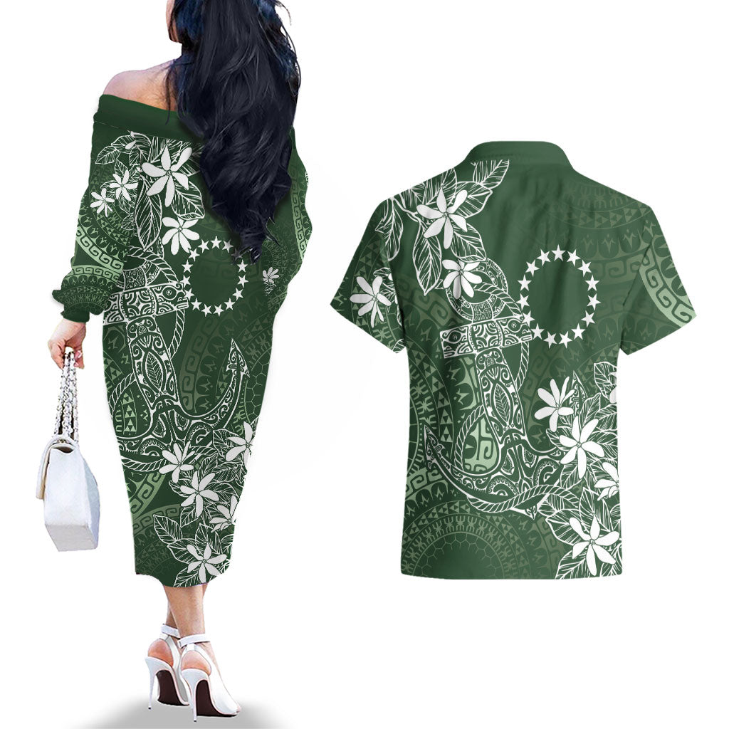 Sage Green Kuki Airani Tapakau Couples Matching Off The Shoulder Long Sleeve Dress and Hawaiian Shirt Tribal Anchor Mix Tiare