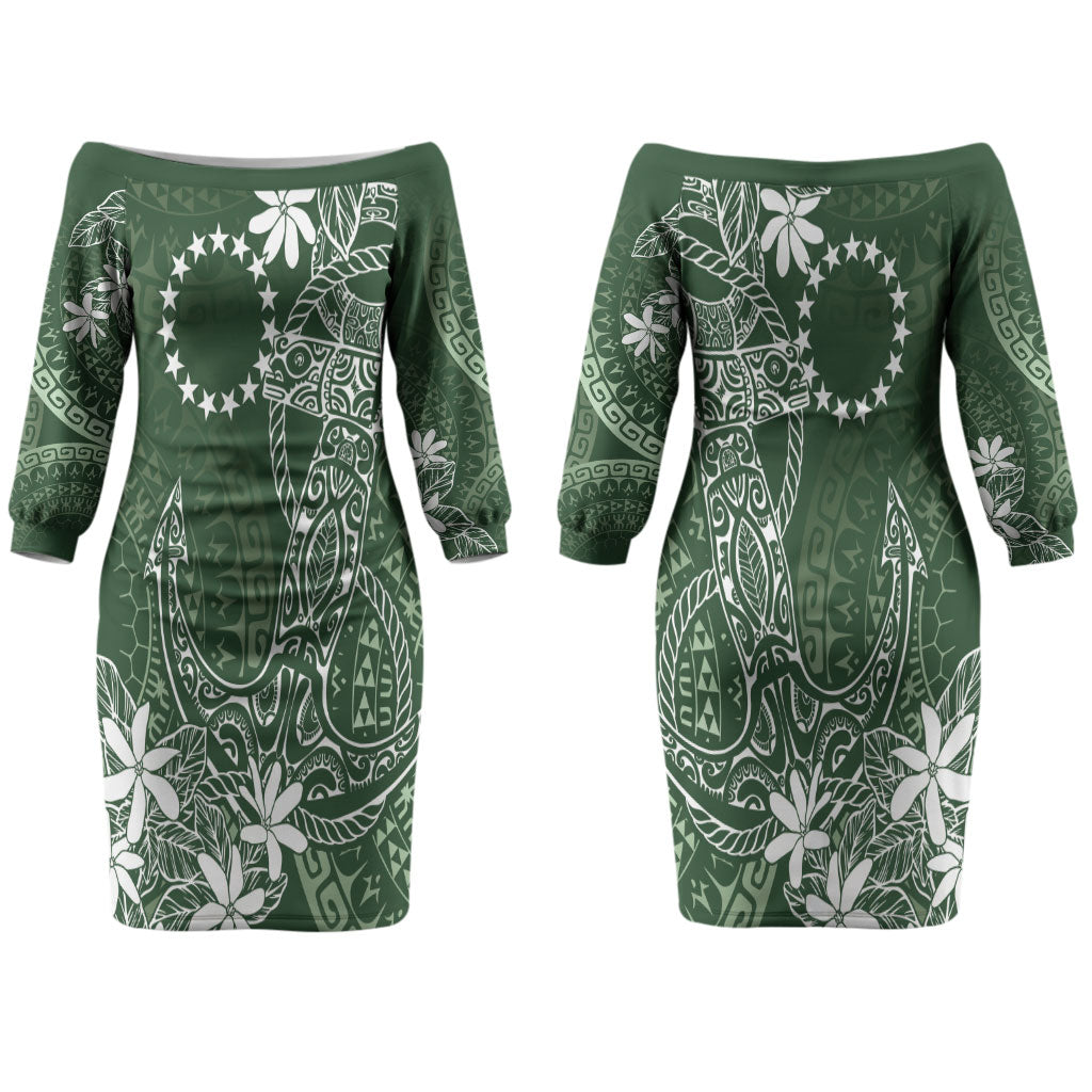 Sage Green Kuki Airani Tapakau Couples Matching Off The Shoulder Long Sleeve Dress and Hawaiian Shirt Tribal Anchor Mix Tiare LT7 - Polynesian Pride
