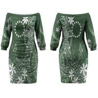 Sage Green Kuki Airani Tapakau Couples Matching Off The Shoulder Long Sleeve Dress and Hawaiian Shirt Tribal Anchor Mix Tiare LT7 - Polynesian Pride