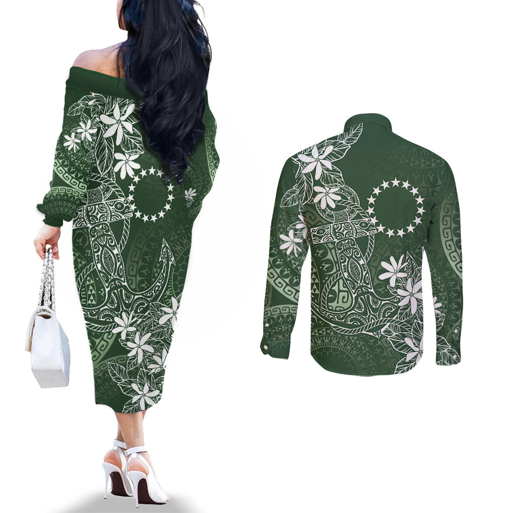 Sage Green Kuki Airani Tapakau Couples Matching Off The Shoulder Long Sleeve Dress and Long Sleeve Button Shirt Tribal Anchor Mix Tiare