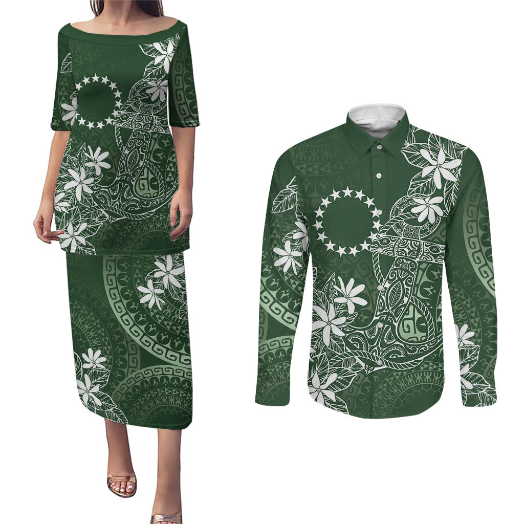 Sage Green Kuki Airani Tapakau Couples Matching Puletasi and Long Sleeve Button Shirt Tribal Anchor Mix Tiare