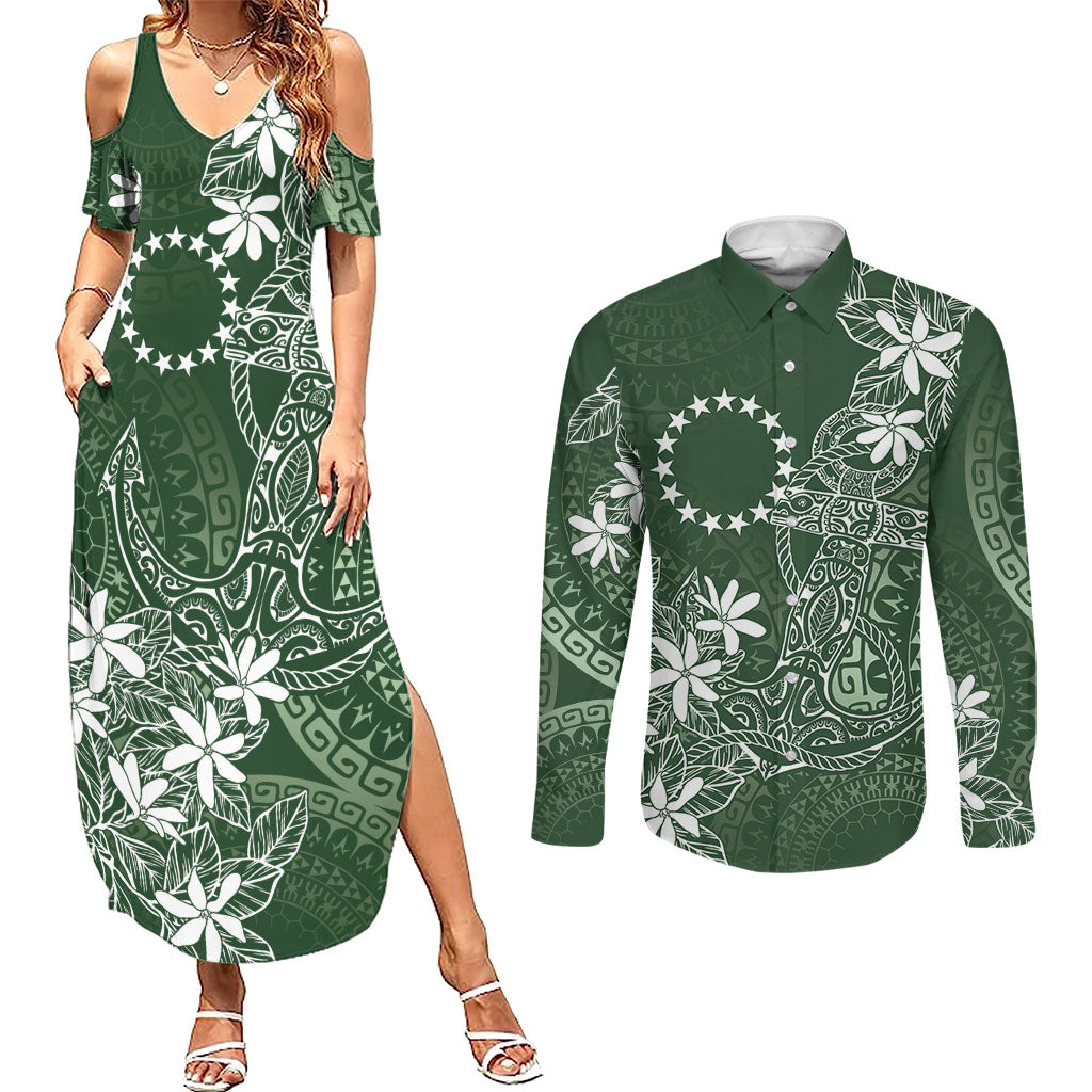 Sage Green Kuki Airani Tapakau Couples Matching Summer Maxi Dress and Long Sleeve Button Shirt Tribal Anchor Mix Tiare