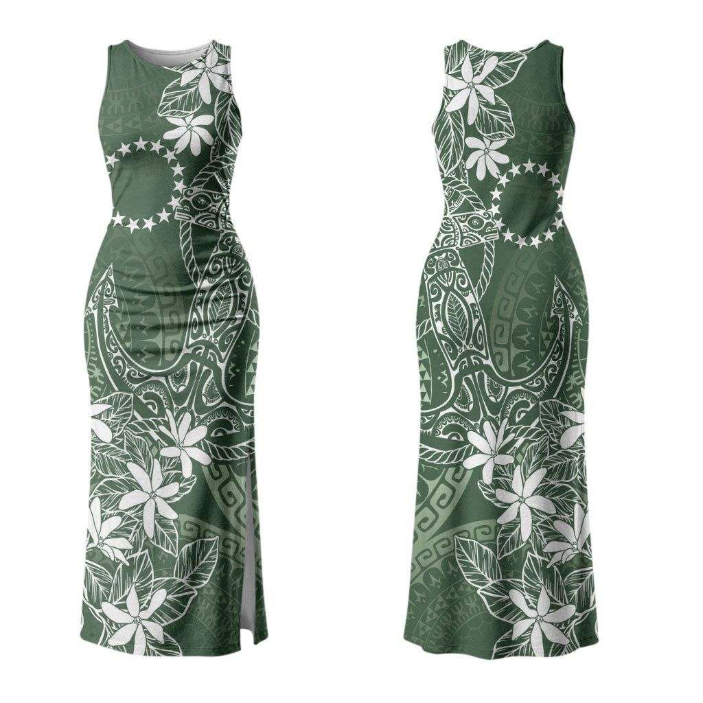 Sage Green Kuki Airani Tapakau Couples Matching Tank Maxi Dress and Long Sleeve Button Shirt Tribal Anchor Mix Tiare LT7 - Polynesian Pride
