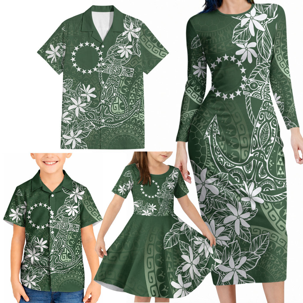 Sage Green Kuki Airani Tapakau Family Matching Long Sleeve Bodycon Dress and Hawaiian Shirt Tribal Anchor Mix Tiare LT7 - Polynesian Pride