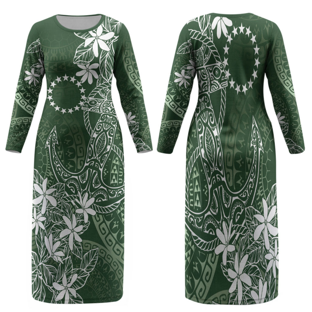 Sage Green Kuki Airani Tapakau Family Matching Long Sleeve Bodycon Dress and Hawaiian Shirt Tribal Anchor Mix Tiare LT7 Mom's Dress Sage Green - Polynesian Pride