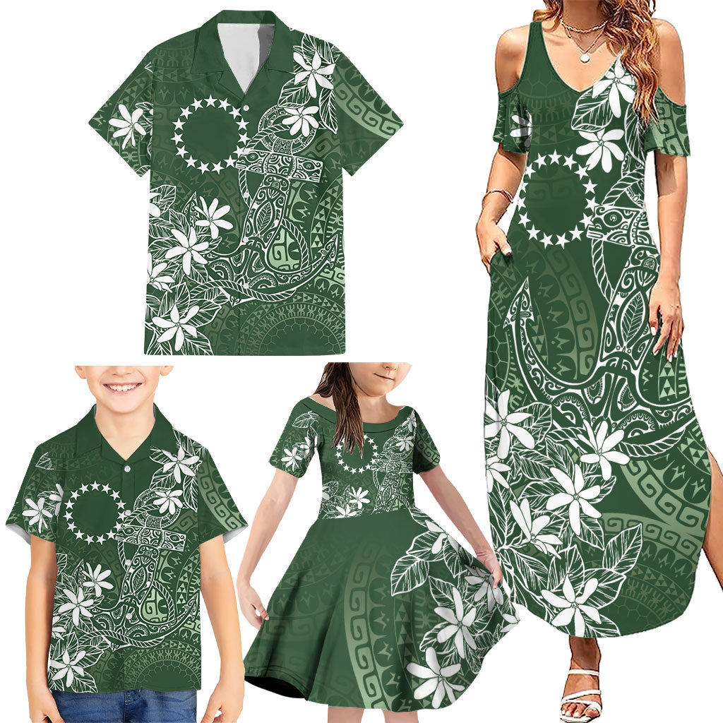 Sage Green Kuki Airani Tapakau Family Matching Summer Maxi Dress and Hawaiian Shirt Tribal Anchor Mix Tiare