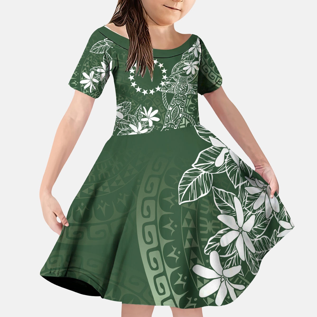 Sage Green Kuki Airani Tapakau Kid Short Sleeve Dress Tribal Anchor Mix Tiare