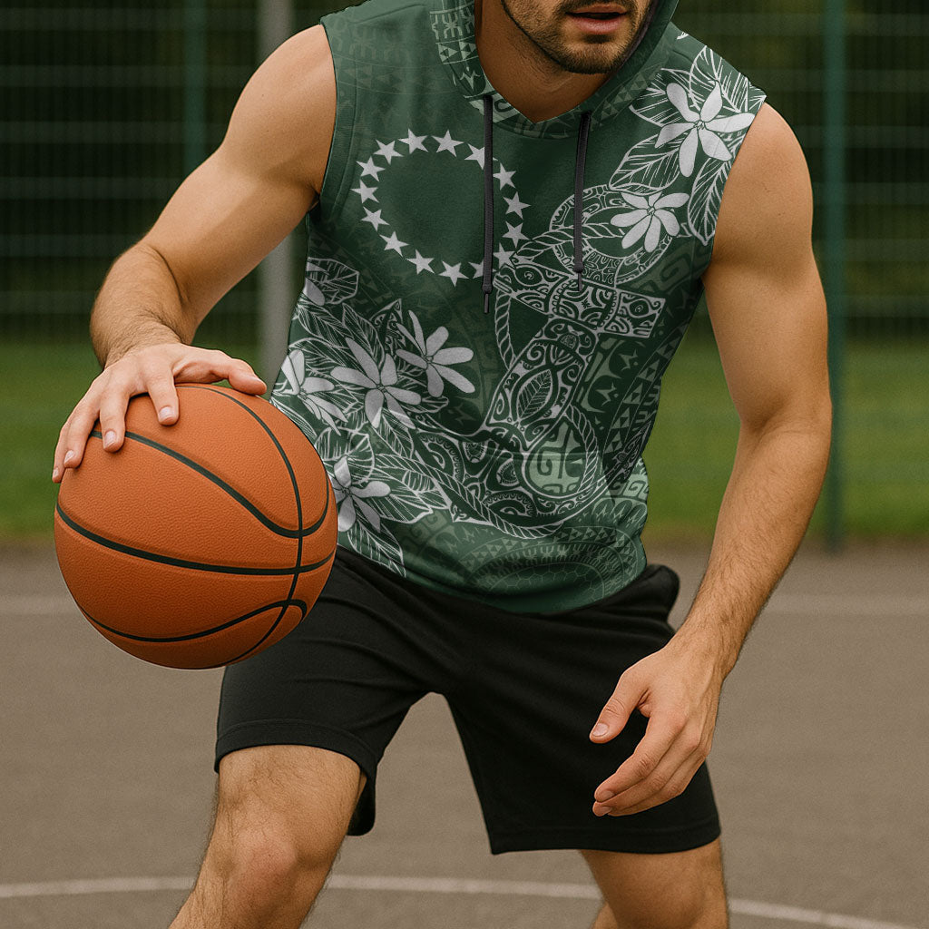 Sage Green Kuki Airani Tapakau Sleeveless Hoodie Tribal Anchor Mix Tiare