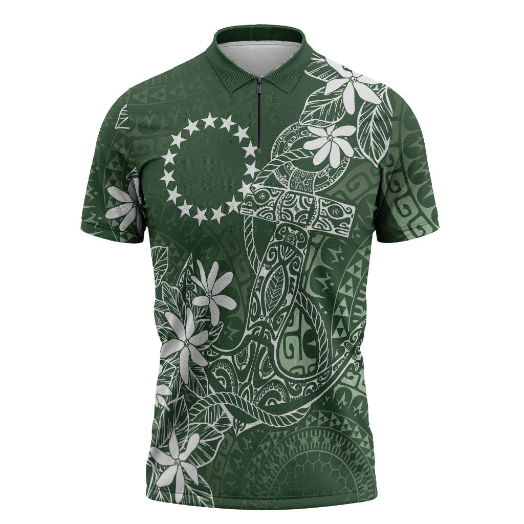 Sage Green Kuki Airani Tapakau Zipper Polo Shirt Tribal Anchor Mix Tiare