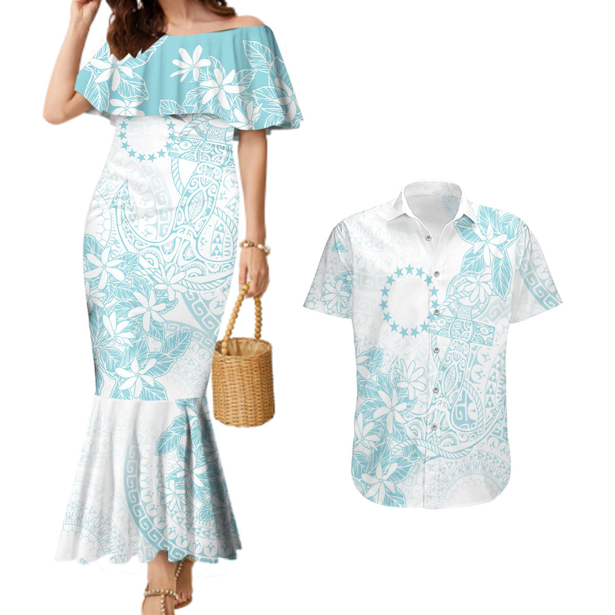 Turquoise Kuki Airani Tapakau Couples Matching Mermaid Dress and Hawaiian Shirt Tribal Anchor Mix Tiare