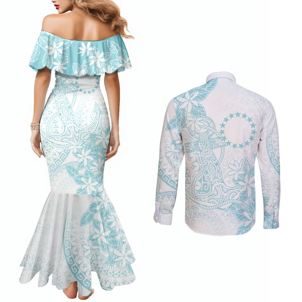 Turquoise Kuki Airani Tapakau Couples Matching Mermaid Dress and Long Sleeve Button Shirt Tribal Anchor Mix Tiare
