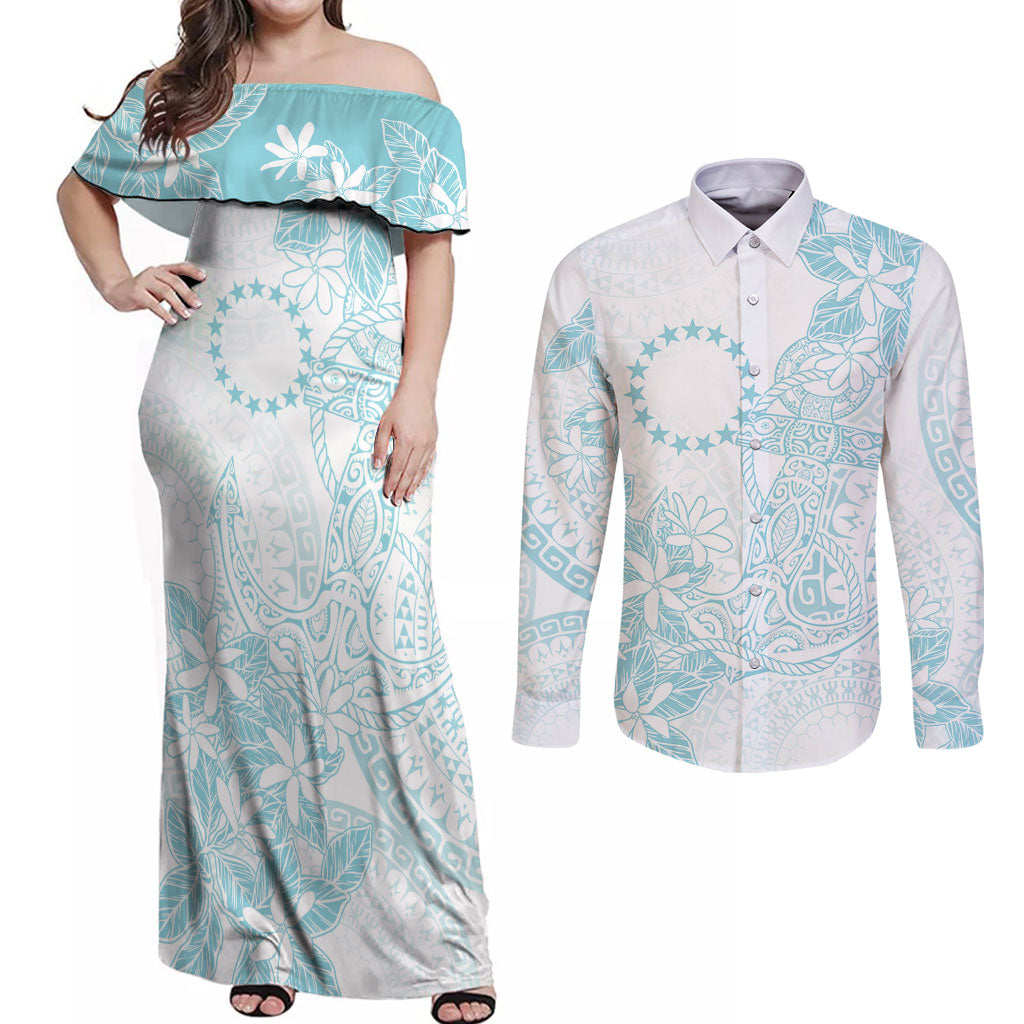 Turquoise Kuki Airani Tapakau Couples Matching Off Shoulder Maxi Dress and Long Sleeve Button Shirt Tribal Anchor Mix Tiare