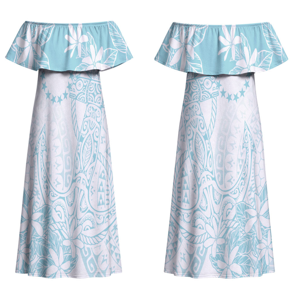 Turquoise Kuki Airani Tapakau Couples Matching Off Shoulder Maxi Dress and Long Sleeve Button Shirt Tribal Anchor Mix Tiare LT7 - Polynesian Pride