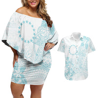 Turquoise Kuki Airani Tapakau Couples Matching Off Shoulder Short Dress and Hawaiian Shirt Tribal Anchor Mix Tiare