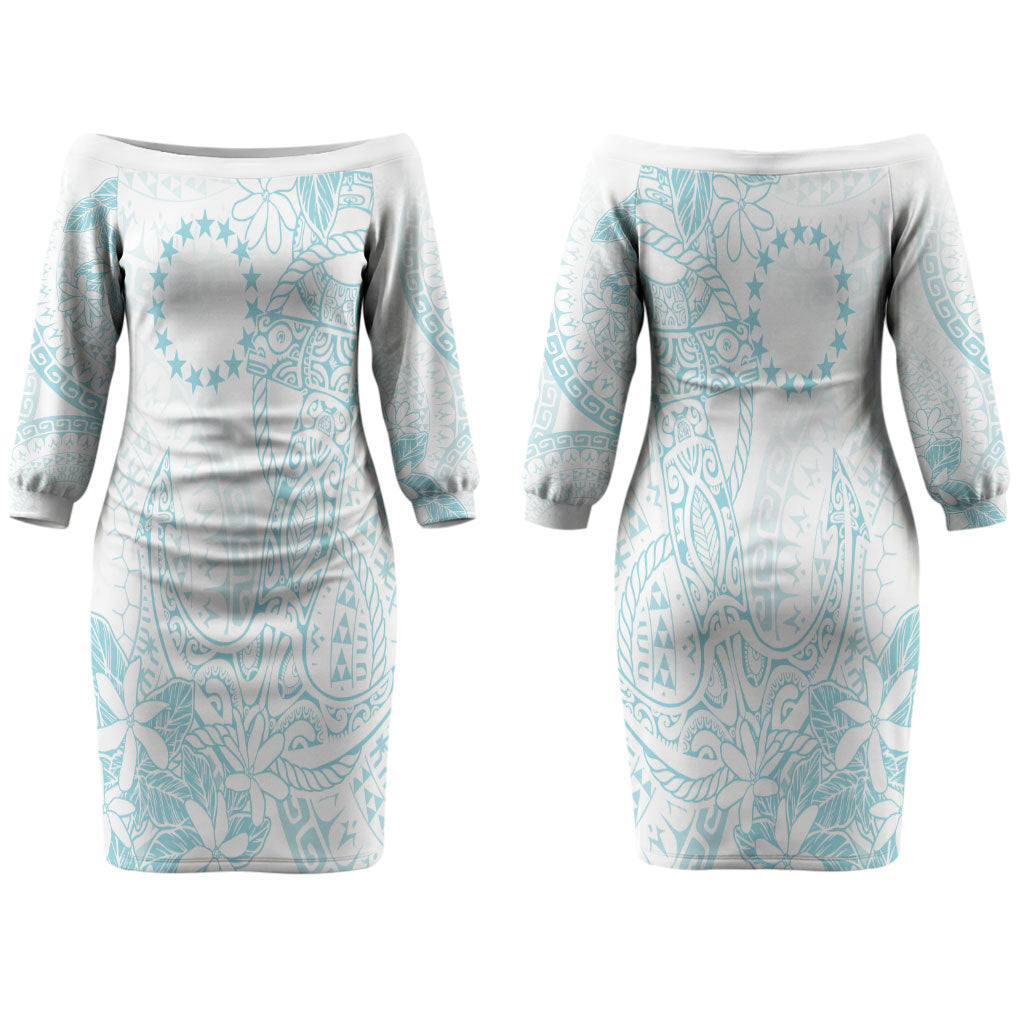 Turquoise Kuki Airani Tapakau Couples Matching Off The Shoulder Long Sleeve Dress and Hawaiian Shirt Tribal Anchor Mix Tiare LT7 - Polynesian Pride