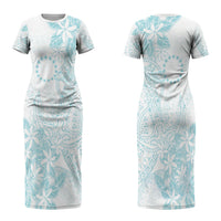 Turquoise Kuki Airani Tapakau Couples Matching Short Sleeve Bodycon Dress and Long Sleeve Button Shirt Tribal Anchor Mix Tiare LT7 - Polynesian Pride