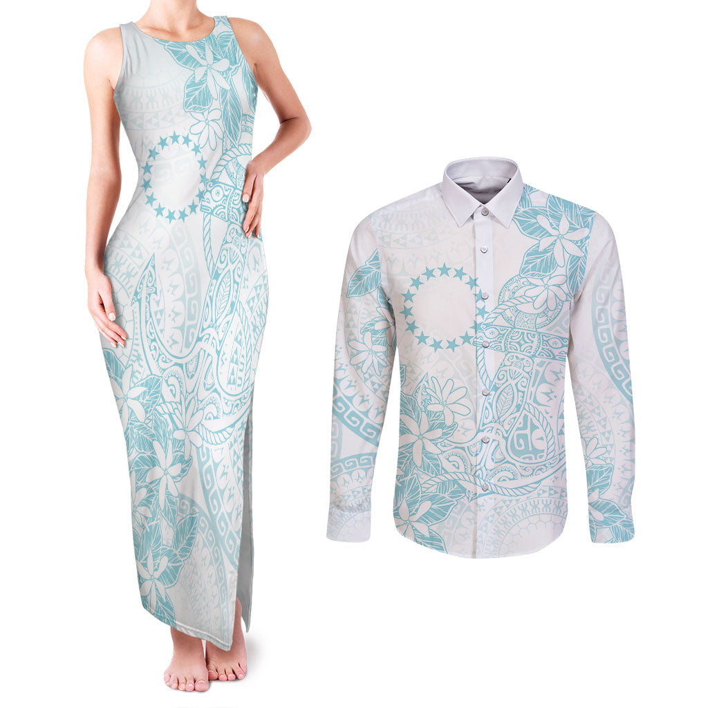 Turquoise Kuki Airani Tapakau Couples Matching Tank Maxi Dress and Long Sleeve Button Shirt Tribal Anchor Mix Tiare