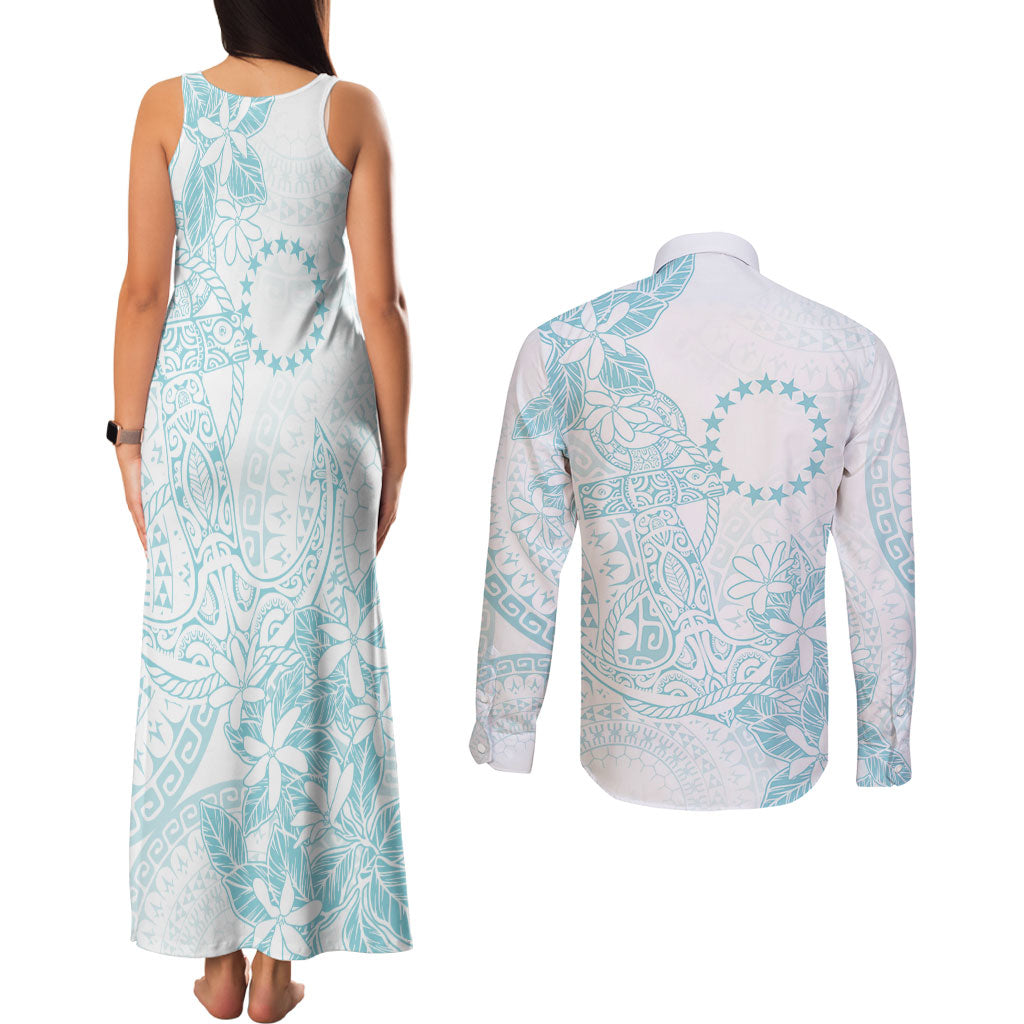 Turquoise Kuki Airani Tapakau Couples Matching Tank Maxi Dress and Long Sleeve Button Shirt Tribal Anchor Mix Tiare