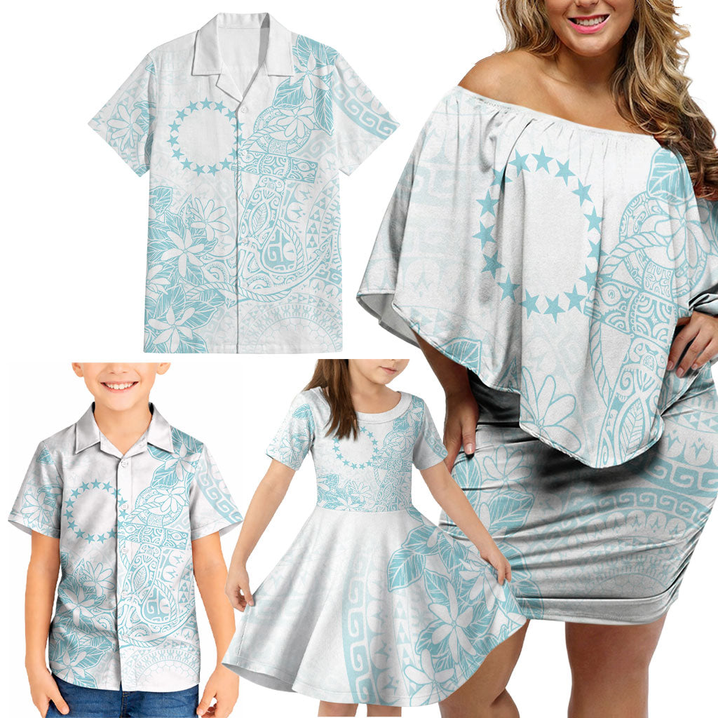 Turquoise Kuki Airani Tapakau Family Matching Off Shoulder Short Dress and Hawaiian Shirt Tribal Anchor Mix Tiare LT7 - Polynesian Pride