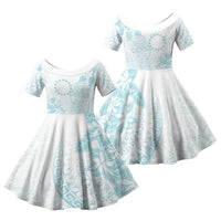 Turquoise Kuki Airani Tapakau Family Matching Off Shoulder Short Dress and Hawaiian Shirt Tribal Anchor Mix Tiare LT7 Daughter's Dress Turquoise - Polynesian Pride