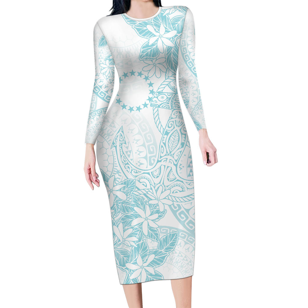 Turquoise Kuki Airani Tapakau Long Sleeve Bodycon Dress Tribal Anchor Mix Tiare