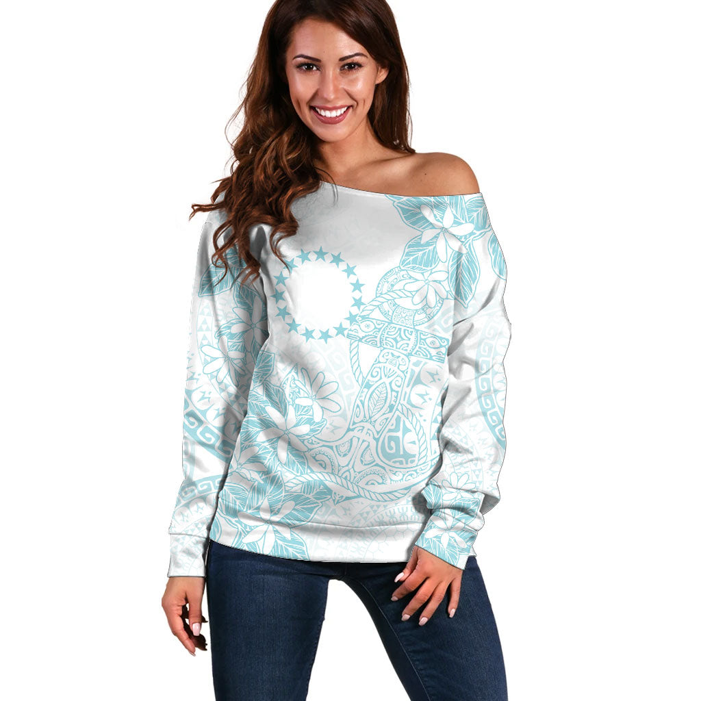 Turquoise Kuki Airani Tapakau Off Shoulder Sweater Tribal Anchor Mix Tiare