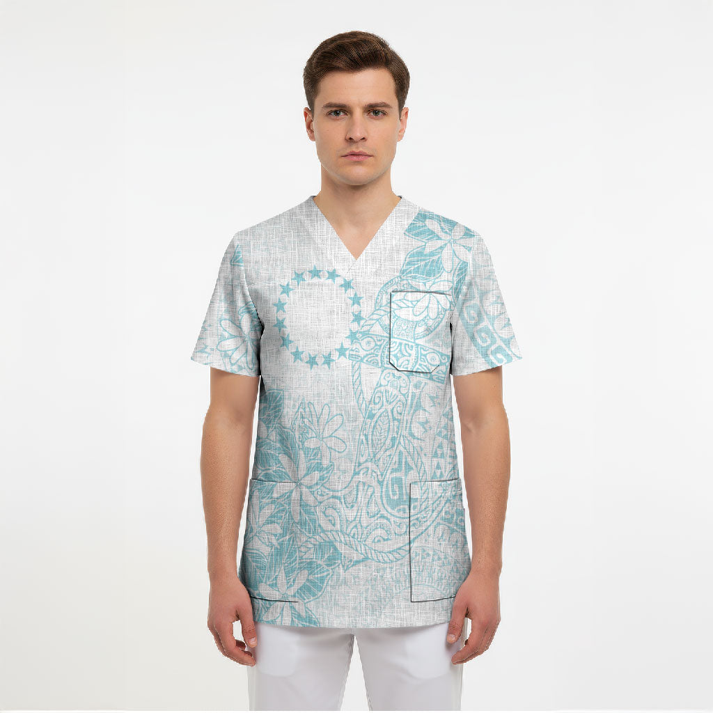 Turquoise Kuki Airani Tapakau Scrub Top Tribal Anchor Mix Tiare