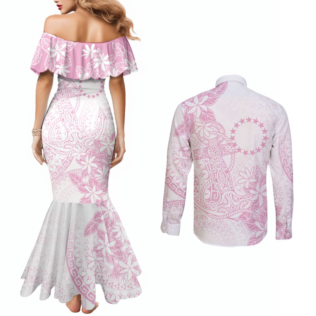 Candy Pink Kuki Airani Tapakau Couples Matching Mermaid Dress and Long Sleeve Button Shirt Tribal Anchor Mix Tiare
