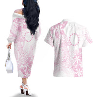 Candy Pink Kuki Airani Tapakau Couples Matching Off The Shoulder Long Sleeve Dress and Hawaiian Shirt Tribal Anchor Mix Tiare