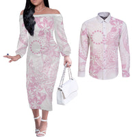 Candy Pink Kuki Airani Tapakau Couples Matching Off The Shoulder Long Sleeve Dress and Long Sleeve Button Shirt Tribal Anchor Mix Tiare