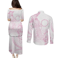 Candy Pink Kuki Airani Tapakau Couples Matching Puletasi and Long Sleeve Button Shirt Tribal Anchor Mix Tiare