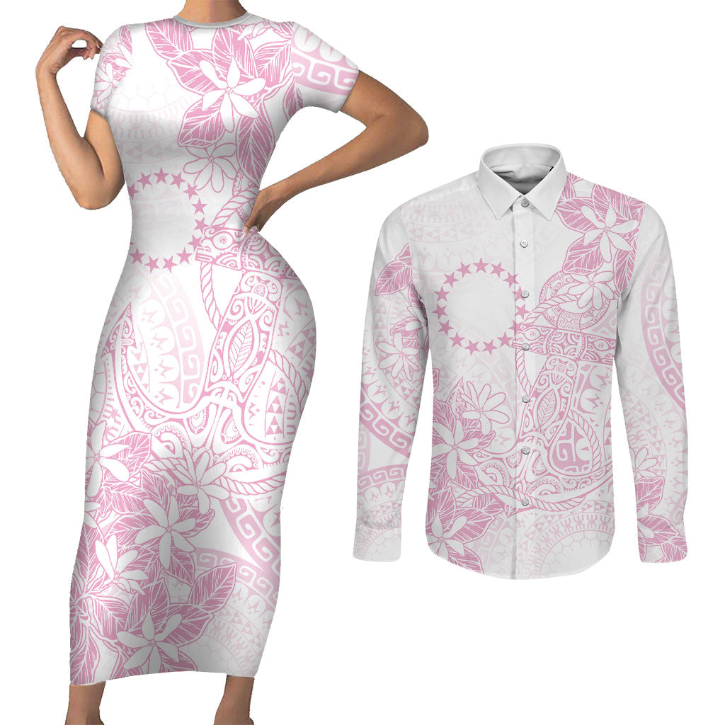 Candy Pink Kuki Airani Tapakau Couples Matching Short Sleeve Bodycon Dress and Long Sleeve Button Shirt Tribal Anchor Mix Tiare