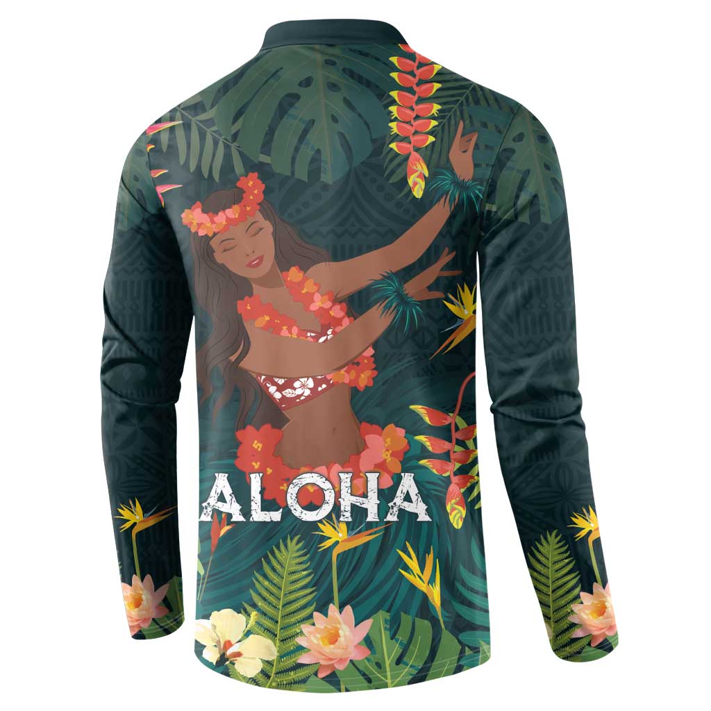 Hawaii Hula Girl Vintage Button Sweatshirt Tropical Forest