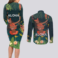 Hawaii Hula Girl Vintage Couples Matching Long Sleeve Bodycon Dress and Long Sleeve Button Shirt Tropical Forest