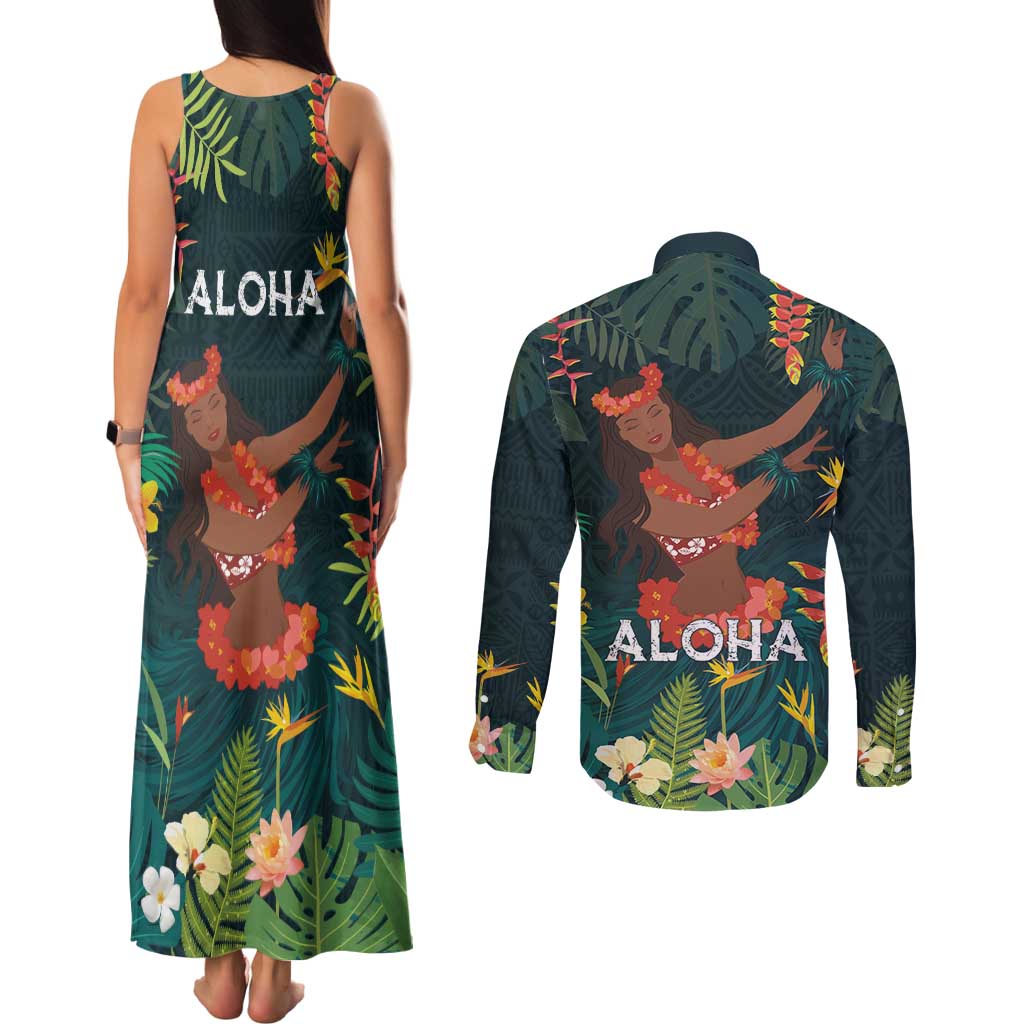 Hawaii Hula Girl Vintage Couples Matching Tank Maxi Dress and Long Sleeve Button Shirt Tropical Forest