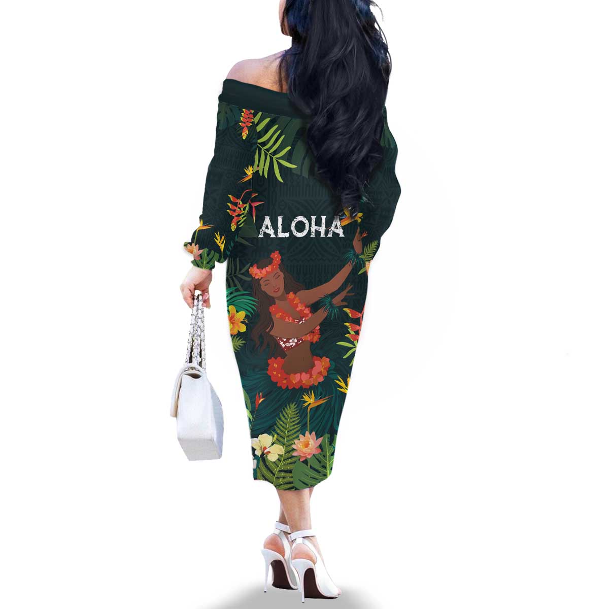 Hawaii Hula Girl Vintage Family Matching Off The Shoulder Long Sleeve Dress and Hawaiian Shirt Tropical Forest