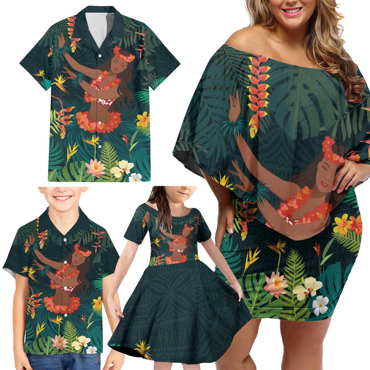 Hawaii Hula Girl Vintage Family Matching Off Shoulder Short Dress and Hawaiian Shirt Tropical Forest