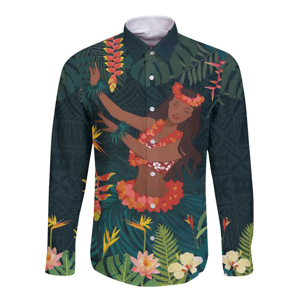Hawaii Hula Girl Vintage Long Sleeve Button Shirt Tropical Forest