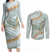 Hawaii Kaho'olawe Island Flowers Lei Couples Matching Long Sleeve Bodycon Dress and Long Sleeve Button Shirt Silver Hinahina Kū Kahakai