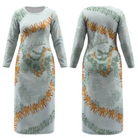 Hawaii Kaho'olawe Island Flowers Lei Couples Matching Long Sleeve Bodycon Dress and Long Sleeve Button Shirt Silver Hinahina Kū Kahakai
