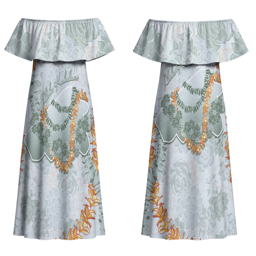 Hawaii Kaho'olawe Island Flowers Lei Couples Matching Off Shoulder Maxi Dress and Hawaiian Shirt Silver Hinahina Kū Kahakai