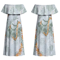 Hawaii Kaho'olawe Island Flowers Lei Couples Matching Off Shoulder Maxi Dress and Hawaiian Shirt Silver Hinahina Kū Kahakai