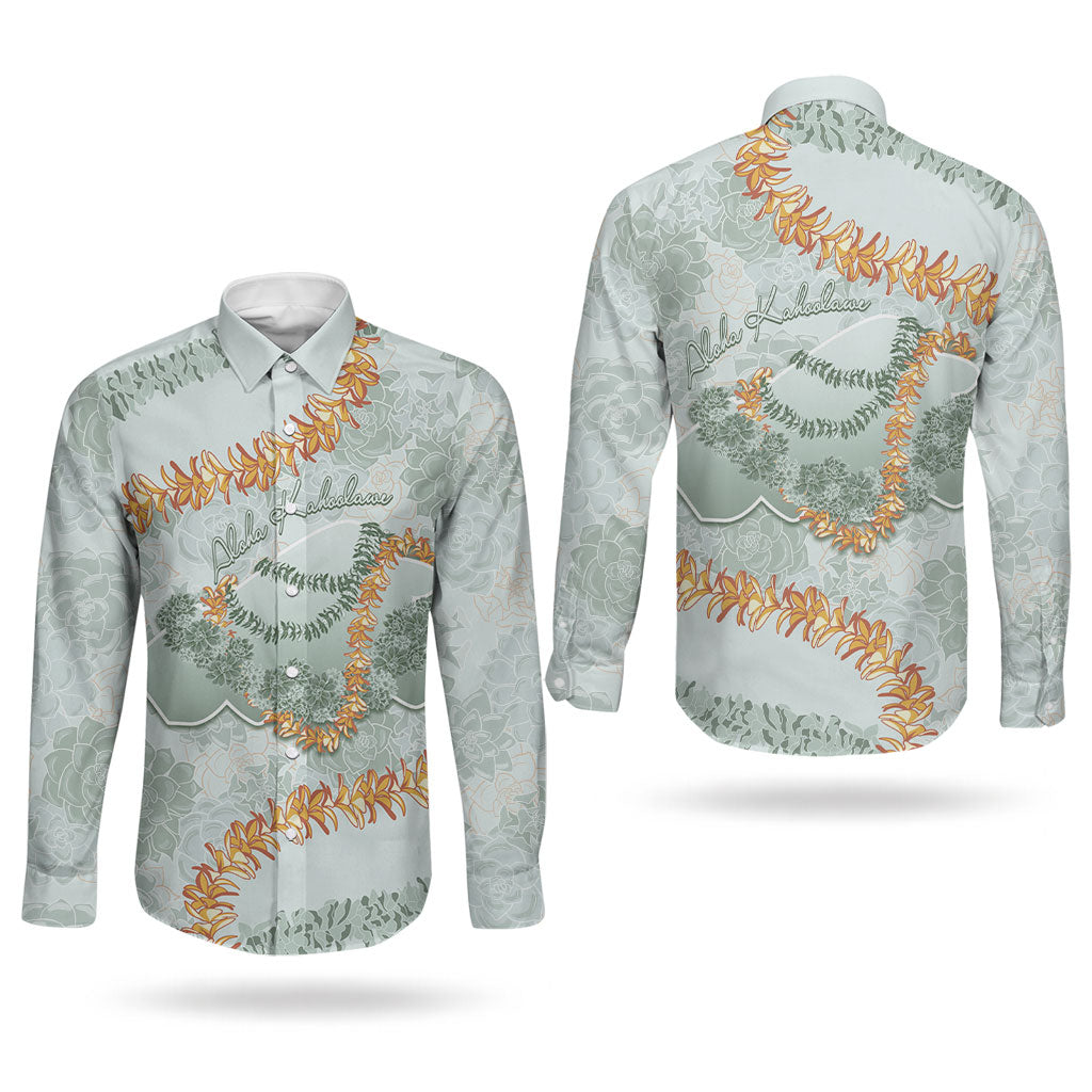 Hawaii Kaho'olawe Island Flowers Lei Couples Matching Off Shoulder Maxi Dress and Long Sleeve Button Shirt Silver Hinahina Kū Kahakai