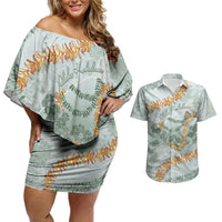 Hawaii Kaho'olawe Island Flowers Lei Couples Matching Off Shoulder Short Dress and Hawaiian Shirt Silver Hinahina Kū Kahakai