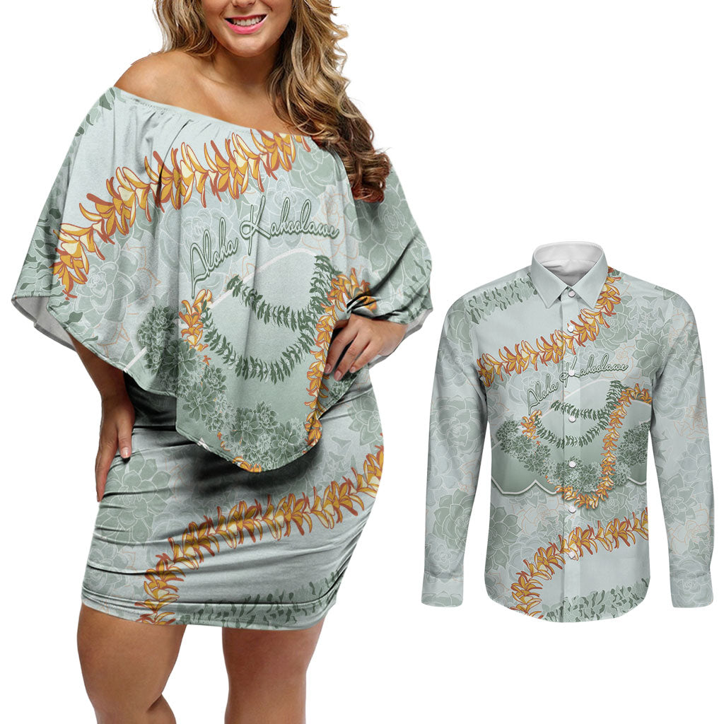 Hawaii Kaho'olawe Island Flowers Lei Couples Matching Off Shoulder Short Dress and Long Sleeve Button Shirt Silver Hinahina Kū Kahakai