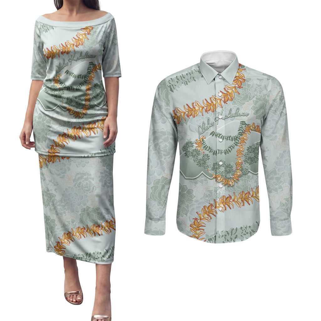 Hawaii Kaho'olawe Island Flowers Lei Couples Matching Puletasi and Long Sleeve Button Shirt Silver Hinahina Kū Kahakai