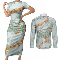 Hawaii Kaho'olawe Island Flowers Lei Couples Matching Short Sleeve Bodycon Dress and Long Sleeve Button Shirt Silver Hinahina Kū Kahakai