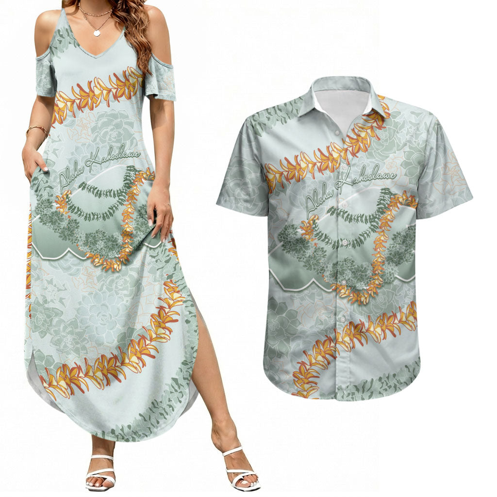 Hawaii Kaho'olawe Island Flowers Lei Couples Matching Summer Maxi Dress and Hawaiian Shirt Silver Hinahina Kū Kahakai