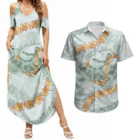 Hawaii Kaho'olawe Island Flowers Lei Couples Matching Summer Maxi Dress and Hawaiian Shirt Silver Hinahina Kū Kahakai