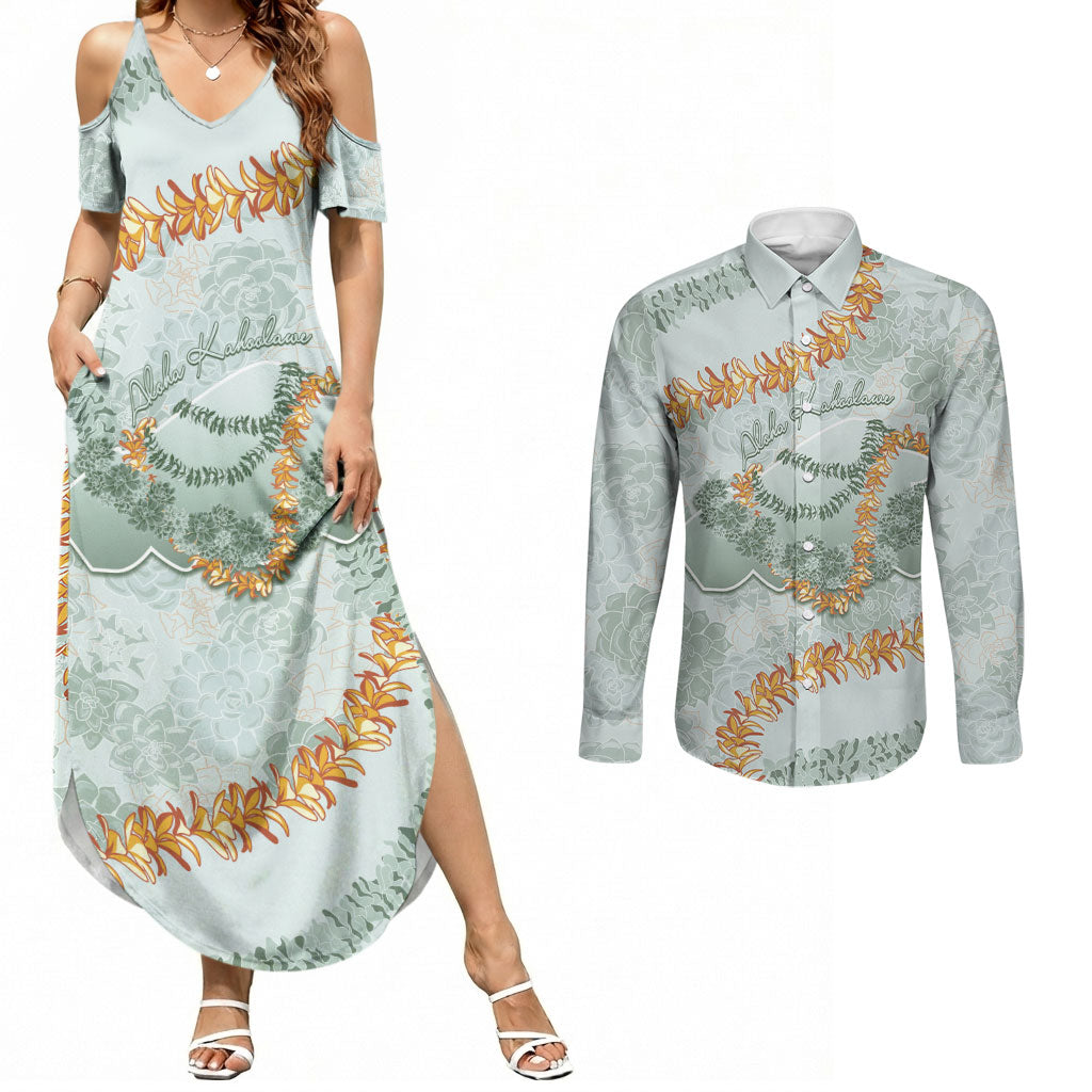 Hawaii Kaho'olawe Island Flowers Lei Couples Matching Summer Maxi Dress and Long Sleeve Button Shirt Silver Hinahina Kū Kahakai